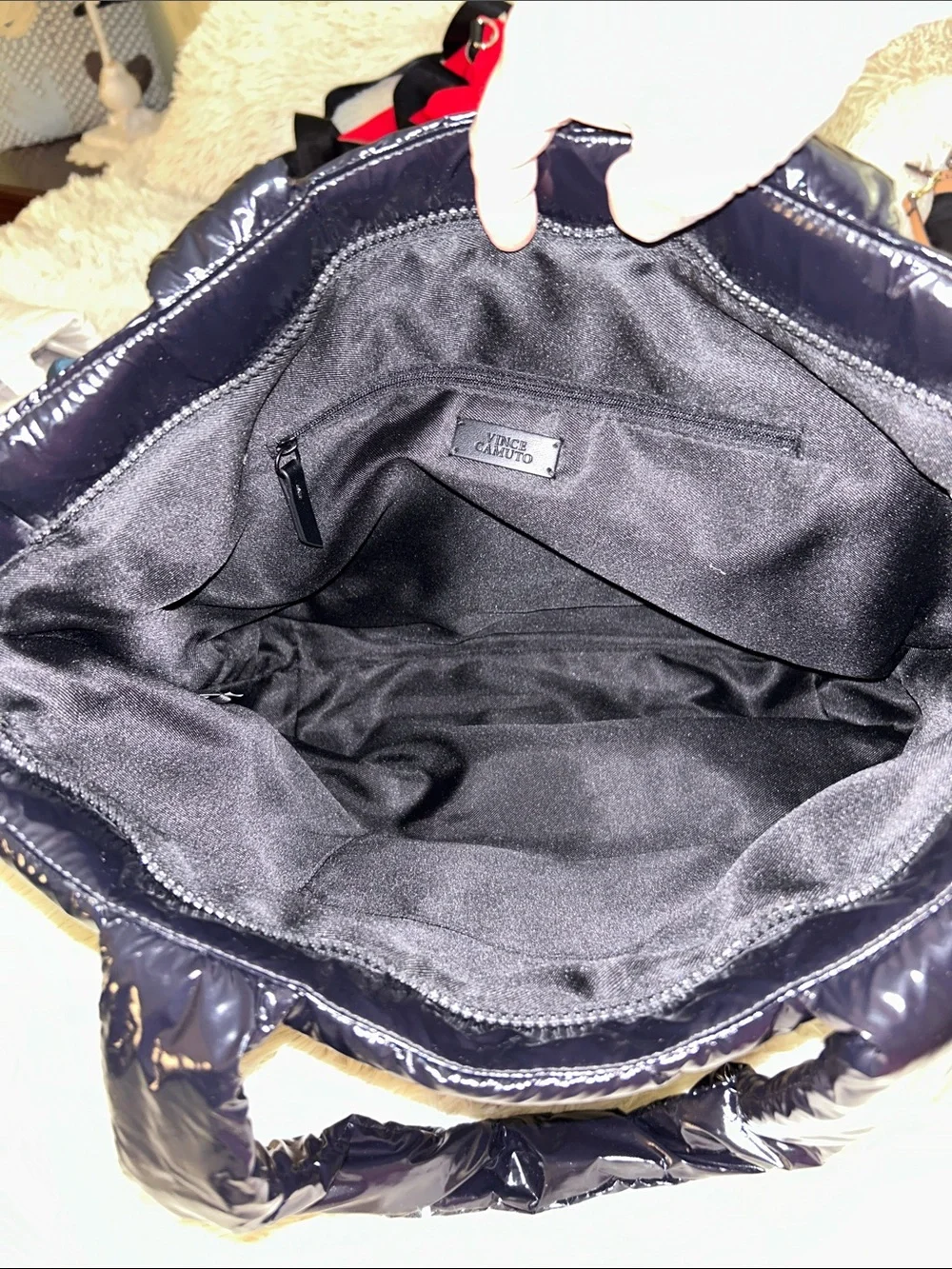 Vince Camuto Black Quilted Shiny Puffer Tote